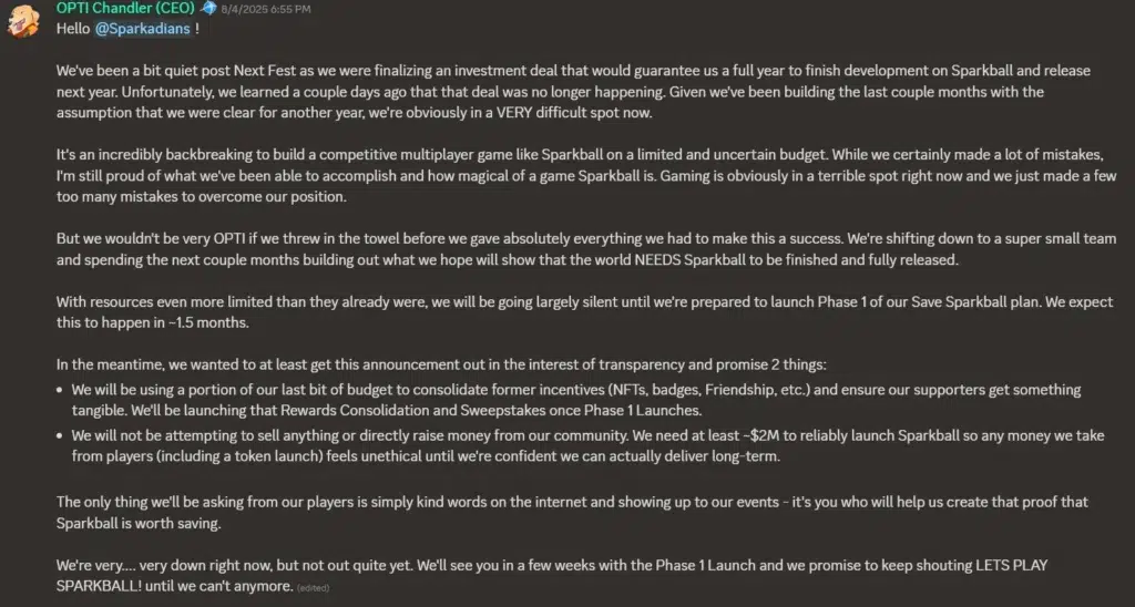 Sparkball Devs Cut Back Team After Investment Falls Through As Crypto Gaming Funding Collapses