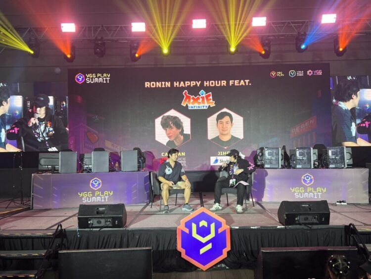 Jihoz Speaking Onstage During The Ronin Happy Hour At Ygg Play Summit 2025, Sharing New Axie Infinity Atias Legacy Gameplay Details