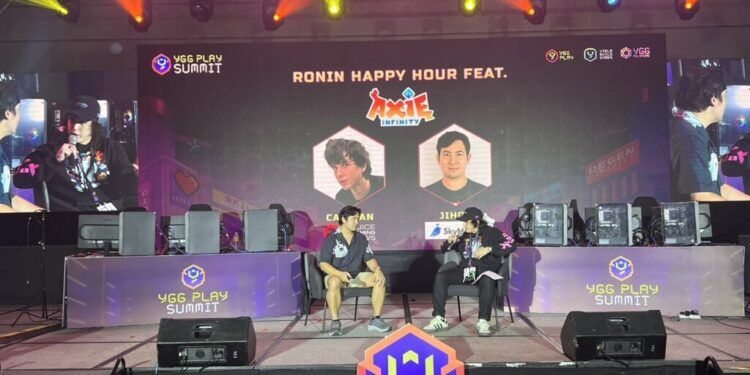 Jihoz Speaking Onstage During The Ronin Happy Hour At Ygg Play Summit 2025, Sharing New Axie Infinity Atias Legacy Gameplay Details
