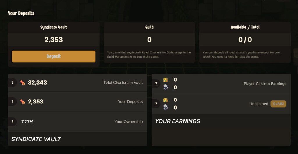 Cambria Season 3 Syndicate Vault Interface Where Players Deposit Royal Charters To Earn Passive Royal Favor As Paymasters