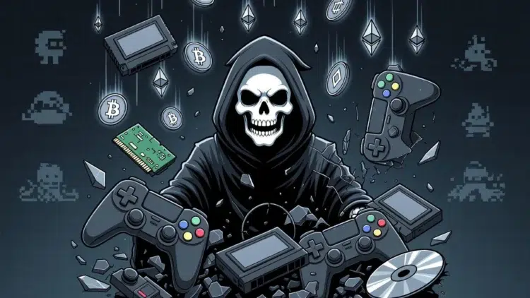 Dramatic Illustration Of A Cryptocurrency Market Crash In 2025, With Plummeting Digital Tokens, Shattered Blockchain Icons, And A Stormy Financial Landscape Symbolizing Failures In Web3 Gaming.