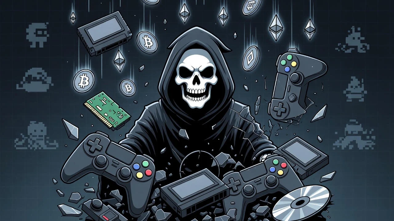 Dramatic Illustration Of A Cryptocurrency Market Crash In 2025, With Plummeting Digital Tokens, Shattered Blockchain Icons, And A Stormy Financial Landscape Symbolizing Failures In Web3 Gaming.