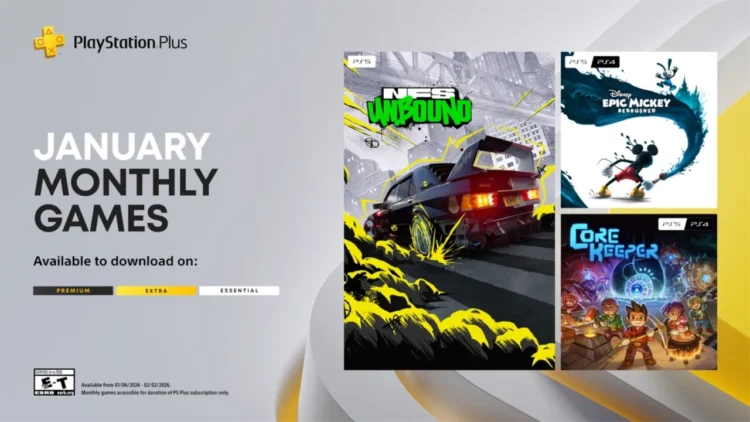 Ps Plus January 2026 Games Cover Image Showcasing Need For Speed Unbound Street Racing, Disney Epic Mickey Rebrushed Platformer Worlds, And Core Keeper Underground Exploration On Playstation Consoles