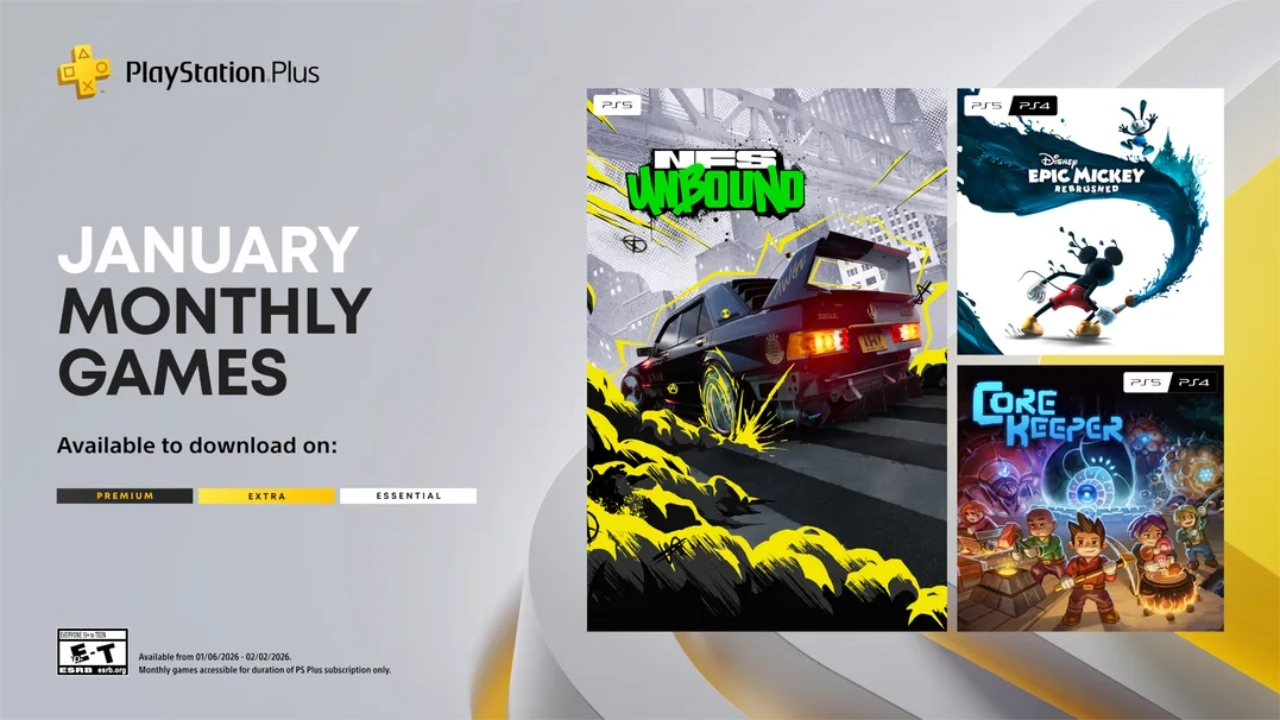 Ps Plus January 2026 Games Cover Image Showcasing Need For Speed Unbound Street Racing, Disney Epic Mickey Rebrushed Platformer Worlds, And Core Keeper Underground Exploration On Playstation Consoles