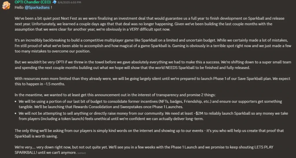 Sparkball Devs Cut Back Team After Investment Falls Through As Crypto Gaming Funding Collapses